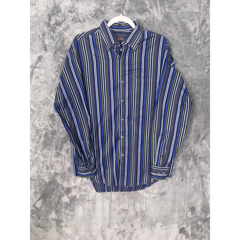 Tasso Elba Mens Medium Blue Green Striped Long Sleeve Cotton Button Down Shirt